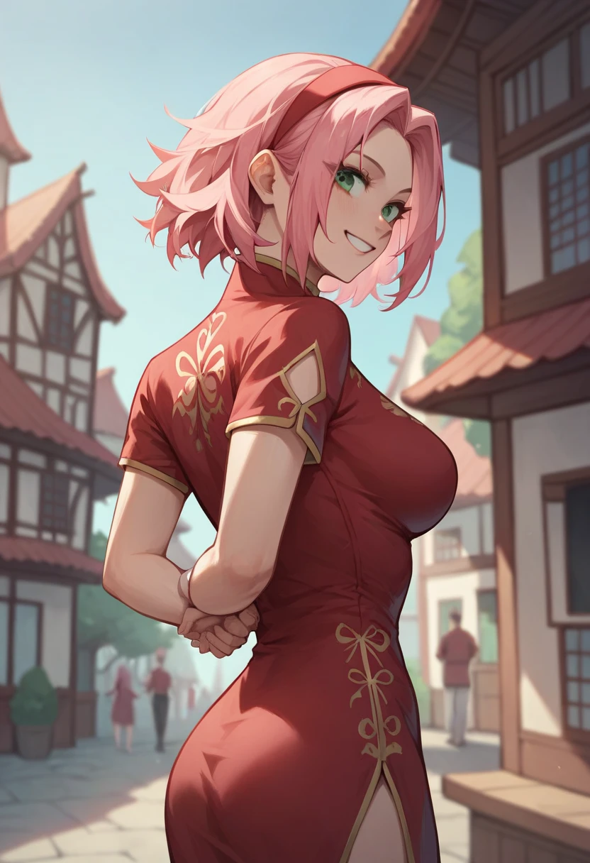 1girl, haruno sakura,  pink hair ,  long hair,  green eyes, red shirt, red qipao ,  short sleeves ,
 hands behind the back , smile,  upper body , tight red dress showing off the butt in a village