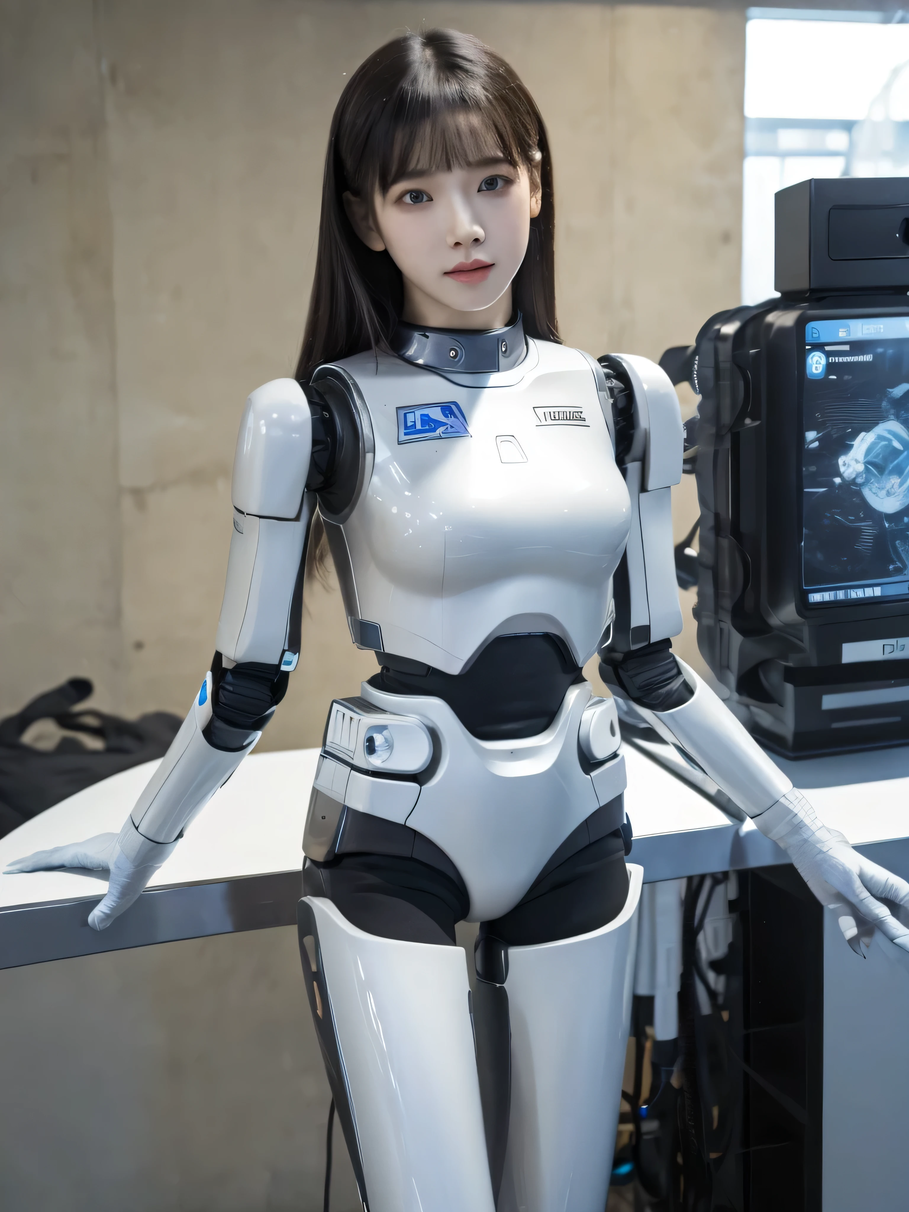 masterpiece, best quality, EXTREMELY DETAILED , (8k, 4K, best quality, high resolution , Super High Resolution :1.1), 8k portrait, 1 girl , Japaese 안 droid girl,안 droid teacher,thud , Control Panel,안 droid , droid , MECHANICAL HAND , , robot arms and legs , black hair ,Machine body ,bang, white robotics parts , perfect robot woman , charging spot ,Long tube , had a thick cable connected to her neck.,[ ceramic body ,안 droid ,Robot Humanoid, slightly plump ,panties, full of eyes ,완벽한 Machine body , white robotics body , future assembly factory ,White Body , she repaired , black sponge joint ,안 droid assembly plant,안 droid ,laboratory,The perfect machine body , white robot body , hrp-4c body , ESPACARINA'S FACE, blue eyes, sharp face shape