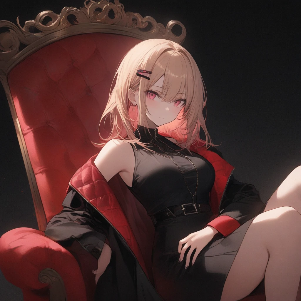 Carmilla medium breasts, red satin mini dress, short cape, by white, beautiful face, blue eyes, (masterpiece:1.2), Best Quality, absurdities, high resolution, extremely detailed wallpaper, perfect lighting, from below, chair, crossed legs, crossed arms, blue eyes