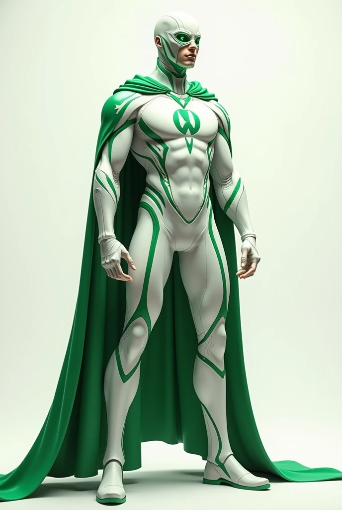 (photorealism:1.2), A photo of a 20 year old albino (white skinned) man with a very thin build and very tall. He is wearing a light blue suit that covers his entire body, mint green gloves and boots. He has a very long mint green cape. The suit has a triangular mint green collar area that reaches down to his chest. The man has long grey hair and is wearing a white mask attached to his face with no face or facial features; he has no face, he is white and has no facial features. He is inspired by the DC Comics character The Question. The background is a dimly lit room. The character is a superhero.