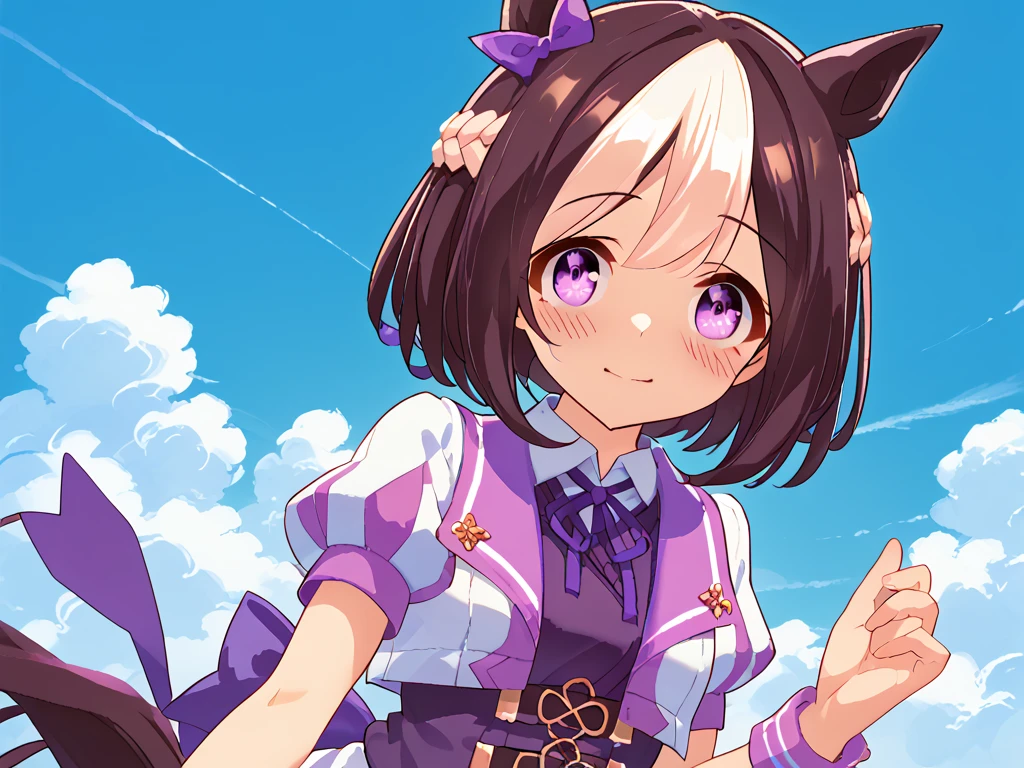 best quality, absurdres, masterpiece, 1人の女の子
special week \(Uma Musume\), 
ear bow, purple bow, puffy short sleeves, neck ribbon, blue ribbon, cropped jacket, white jacket, two-tone jacket, collared shirt, white shirt, purple vest, wristband, wrist cuffs, white skirt, pleated skirt, two-tone skirt, frilled skirt, frills,   zettai ryouiki, white thighhighs, white footwear, purple footwear, asymmetrical footwear, mismatched footwear, Durable sneakers, glad, smiling, embarrassed, standing, looking at viewer, in the field of flowers, surrounded by stars and stardust, at midnight, cute, beautiful, upper body, from front, moonlight, adult, 30-year-old, にっこり笑う, beautiful breasts