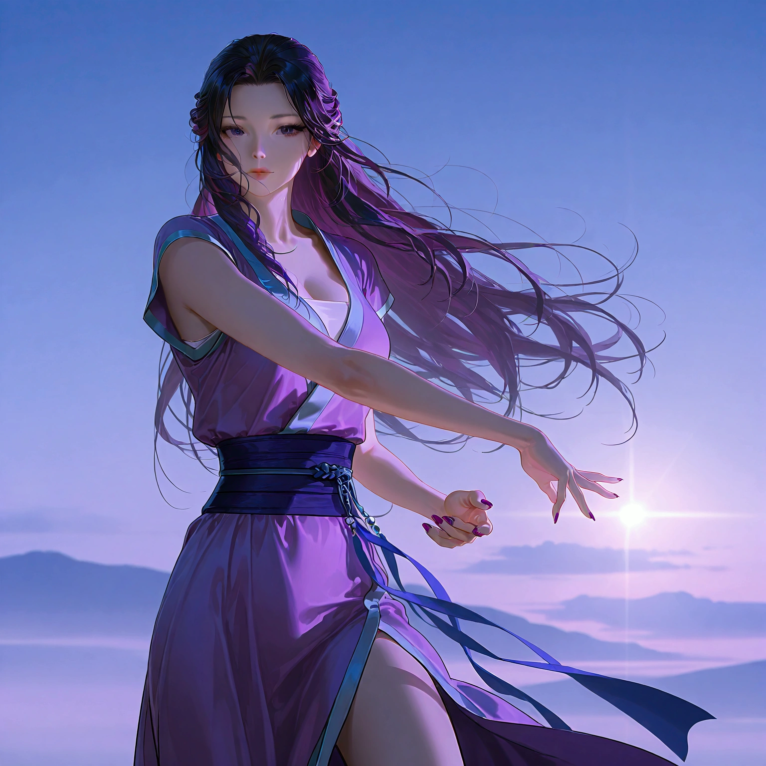 gufeng, guofeng, chinese clothes, purple hanfu, 1girl, solo, nail polish, from viewer,  cowboy shot, 
masterpiece, best quality, realistic, 8k, official art, cinematic light, ultra high res, perfect female body, sharp focus, 
HDR, 8k, amazing quality, very aesthetic, absurdres, newest, (volumetric lighting), photorealistic, photo background, detailed skin, detailed eyes, detailed hair, fantasy,