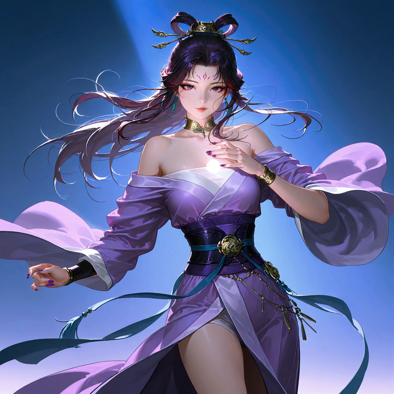 gufeng, guofeng, chinese clothes, purple hanfu, 1girl, solo, nail polish, from viewer,  cowboy shot, 
masterpiece, best quality, realistic, 8k, official art, cinematic light, ultra high res, perfect female body, sharp focus, 
HDR, 8k, amazing quality, very aesthetic, absurdres, newest, (volumetric lighting), photorealistic, photo background, detailed skin, detailed eyes, detailed hair, fantasy,