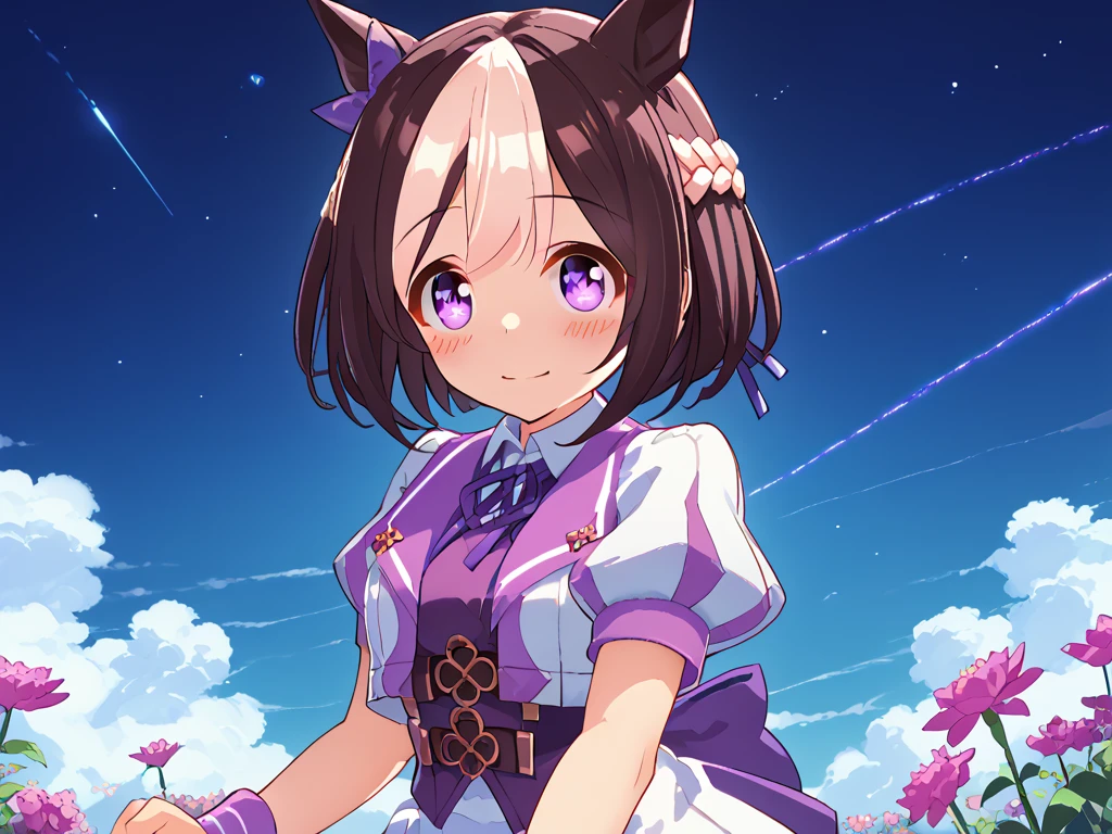 best quality, absurdres, masterpiece, 1人の女の子
special week \(Uma Musume\), 
ear bow, purple bow, puffy short sleeves, neck ribbon, blue ribbon, cropped jacket, white jacket, two-tone jacket, collared shirt, white shirt, purple vest, wristband, wrist cuffs, white skirt, pleated skirt, two-tone skirt, frilled skirt, frills,   zettai ryouiki, white thighhighs, white footwear, purple footwear, asymmetrical footwear, mismatched footwear, Durable sneakers, glad, smiling, embarrassed, standing, looking at viewer, in the field of flowers, surrounded by stars and stardust, at midnight, cute, beautiful, upper body, from front, moonlight, adult, 30-year-old, にっこり笑う, beautiful breasts