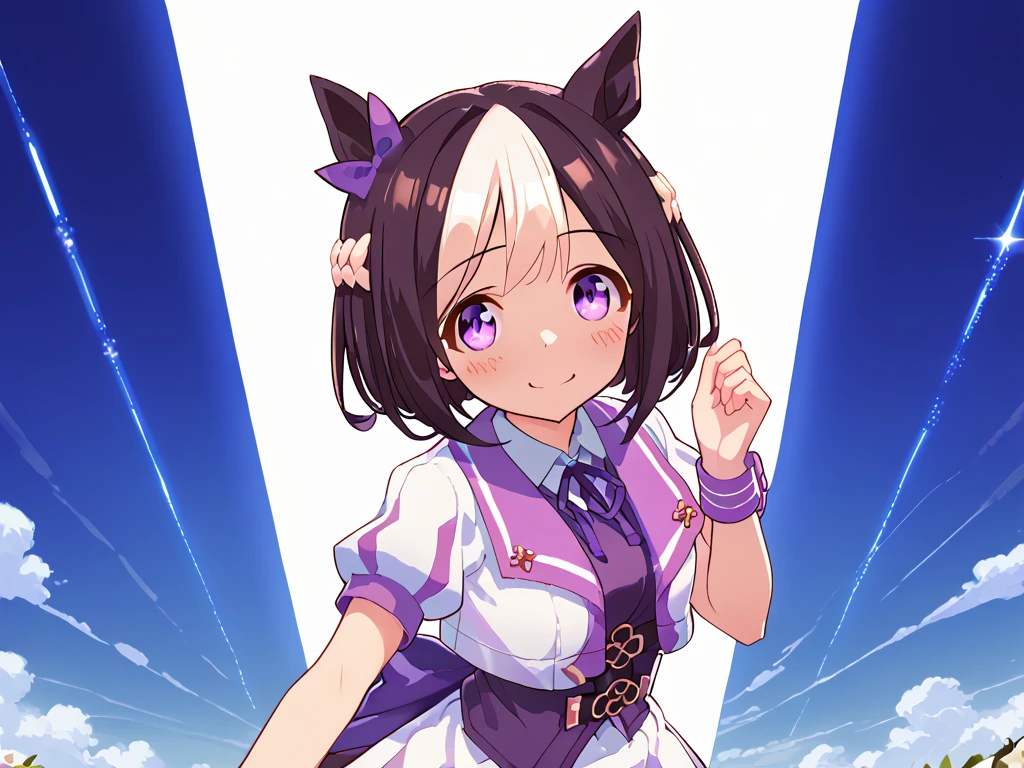 best quality, absurdres, masterpiece, 1人の女の子
special week \(Uma Musume\), 
ear bow, purple bow, puffy short sleeves, neck ribbon, blue ribbon, cropped jacket, white jacket, two-tone jacket, collared shirt, white shirt, purple vest, wristband, wrist cuffs, white skirt, pleated skirt, two-tone skirt, frilled skirt, frills,   zettai ryouiki, white thighhighs, white footwear, purple footwear, asymmetrical footwear, mismatched footwear, Durable sneakers, glad, smiling, embarrassed, standing, looking at viewer, in the field of flowers, surrounded by stars and stardust, at midnight, cute, beautiful, upper body, from front, moonlight, adult, 30-year-old, にっこり笑う, beautiful breasts