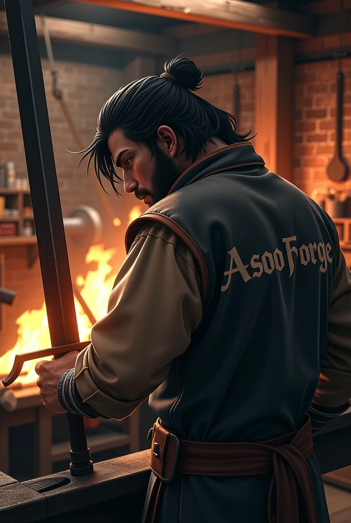 a man He has black hair, brown eyes and a black beard. He has medium-long hair. He is wearing blacksmith's clothes. He is in his forge forging a sword. On the back it says: ASOO FORGE