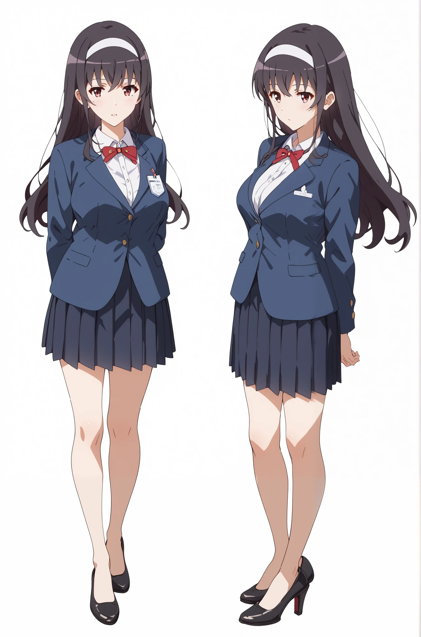 Masterpiece, extremely detailed,4k,anime ,solo,1girl ,stand up,kasumigaoka utaha,stand up,full body,beauty face,ambarrased,large breasts ,teacher uniform,stocking,body goals,slim body,slim models body,straddle,arms behind back,looking at viewers,front looks,plain white background