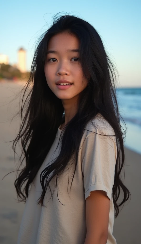 (8k, RAW Photo, Best Quality, Masterpiece:1.3),(Real,Photo:1.37),(Looking at Viewers:1.331),(Black Hair),Pose,Beachfront,Morning View,Sunrise,Clear Sky,1Girl,Very Beautiful Face,Small,Put Your Hands Down,Pony Hairstyle,Weight Hair,Fluffy Hair,Shoulder Length,Straight Hair,Random Expression,Smile at the Corner of Mouth,Big Eyes,(T-shirt,Round Collar,Short Sleeves,Opaque Color,Shirt Color),(Wearing Pants),mix4,No Hair Accessories,Best Quality Hair