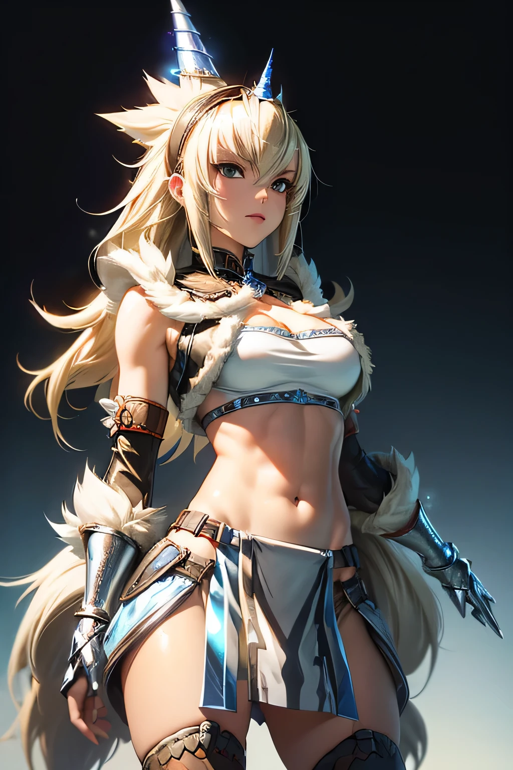  perfect anatomy　 top quality , highest resolution,(((woman　 metallic shiny tops　Metallic loincloth　shiny light blond hair )))　 Monster Hunter 　Kirin Gear　cool