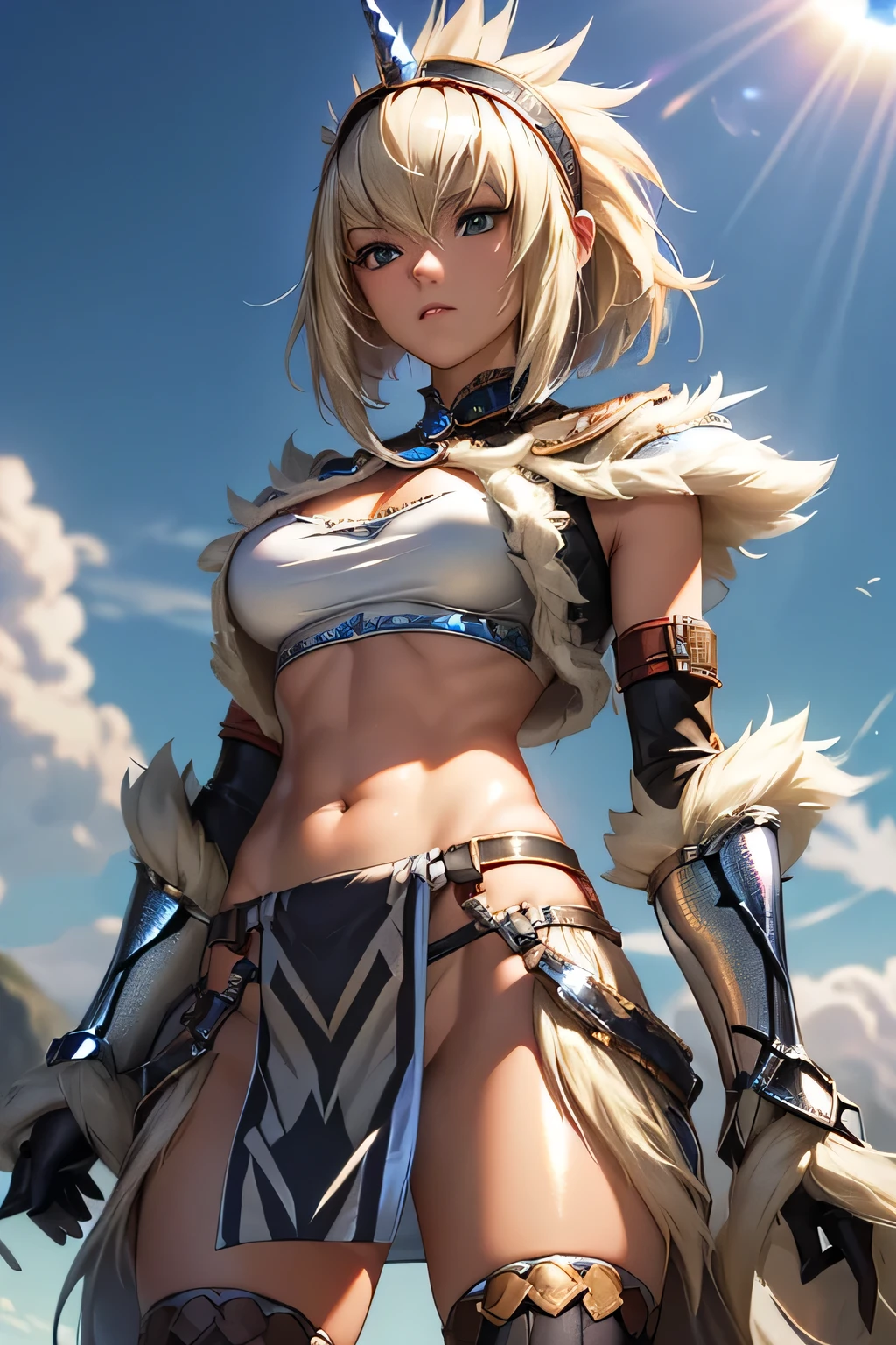  perfect anatomy　 top quality , highest resolution,(((woman　 metallic shiny tops　Metallic loincloth　shiny light blond hair )))　 Monster Hunter 　Kirin Gear　cool