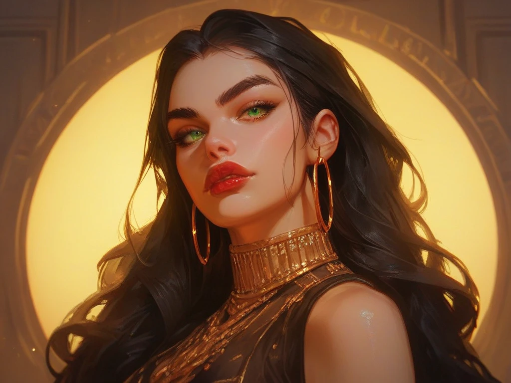 black hair, long hair, green eyes, arched eyebrows, red lips, country chic clothes, gold hoop earrings, gold bracelets, best quality, 1girl, portrait, face, glowing, dramatic lighting, wicked