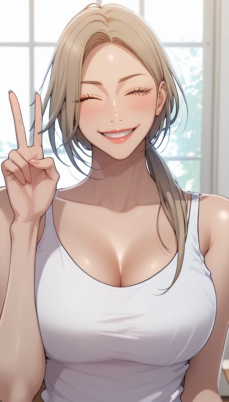 masterpiece, best quality, high quality, high resolution, high details, accurate, intricate details, 1girl, solo, scdef, Cha Mia, blonde hair, low ponytail, white tank top, cleavage, looking at viewer, wink, smile, close mouth, double V gesture, upper body, close-up, indoors 