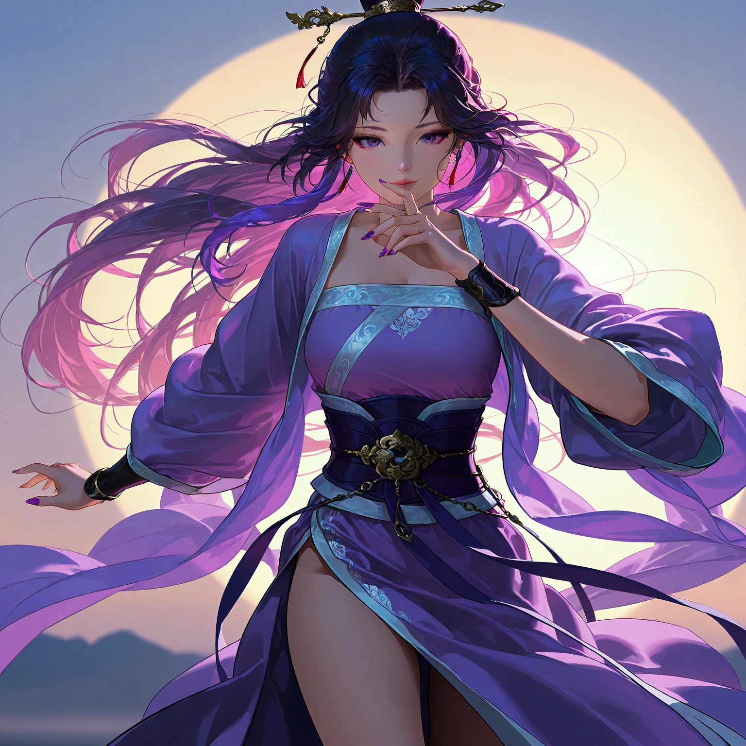 gufeng, guofeng, chinese clothes, purple hanfu, 1girl, solo, nail polish, from viewer,  cowboy shot, 
masterpiece, best quality, realistic, 8k, official art, cinematic light, ultra high res, perfect female body, sharp focus, 
HDR, 8k, amazing quality, very aesthetic, absurdres, newest, (volumetric lighting), photorealistic, photo background, detailed skin, detailed eyes, detailed hair, fantasy,