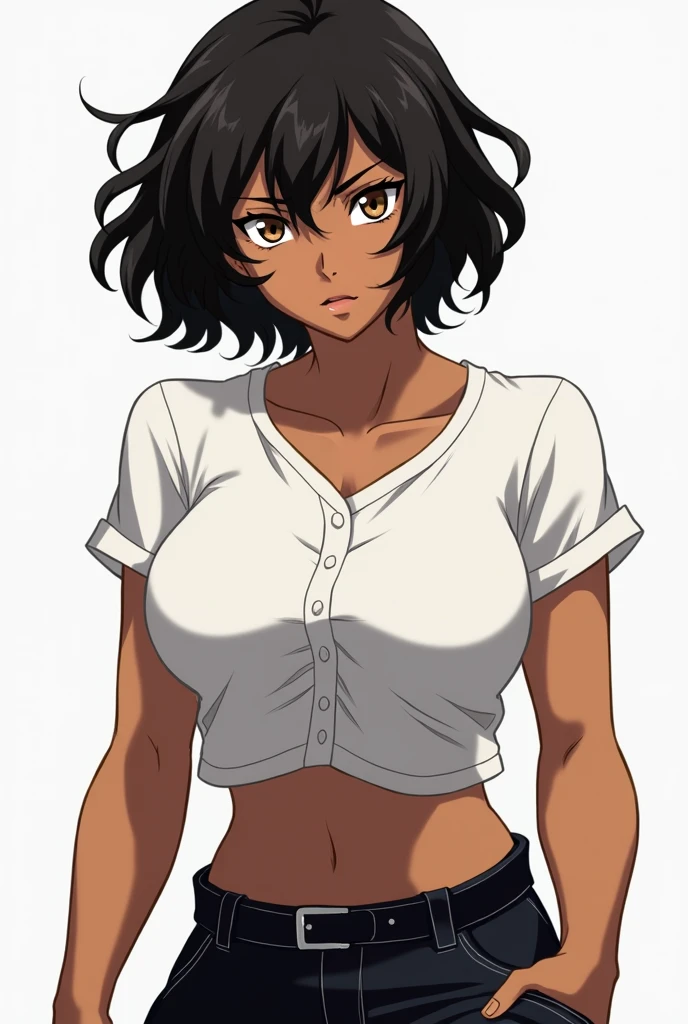 1girl, solo, 26 years old, short hair, brown hair, (yellow eyes:1.5), tan-bronze skin, tan-skinned female, athletic figure, medium breasts BREAK wearing 2000's fashion: opened blue jacket, black strapless top, (midriff), belt, shiny black leather pants BREAK looking at viewer, BREAK indoors, BREAK (masterpiece:1.2), best quality, high resolution, unity 8k wallpaper, (illustration:0.8), (beautiful detailed eyes:1.6), extremely detailed face, perfect lighting, extremely detailed CG, (perfect hands, perfect anatomy),