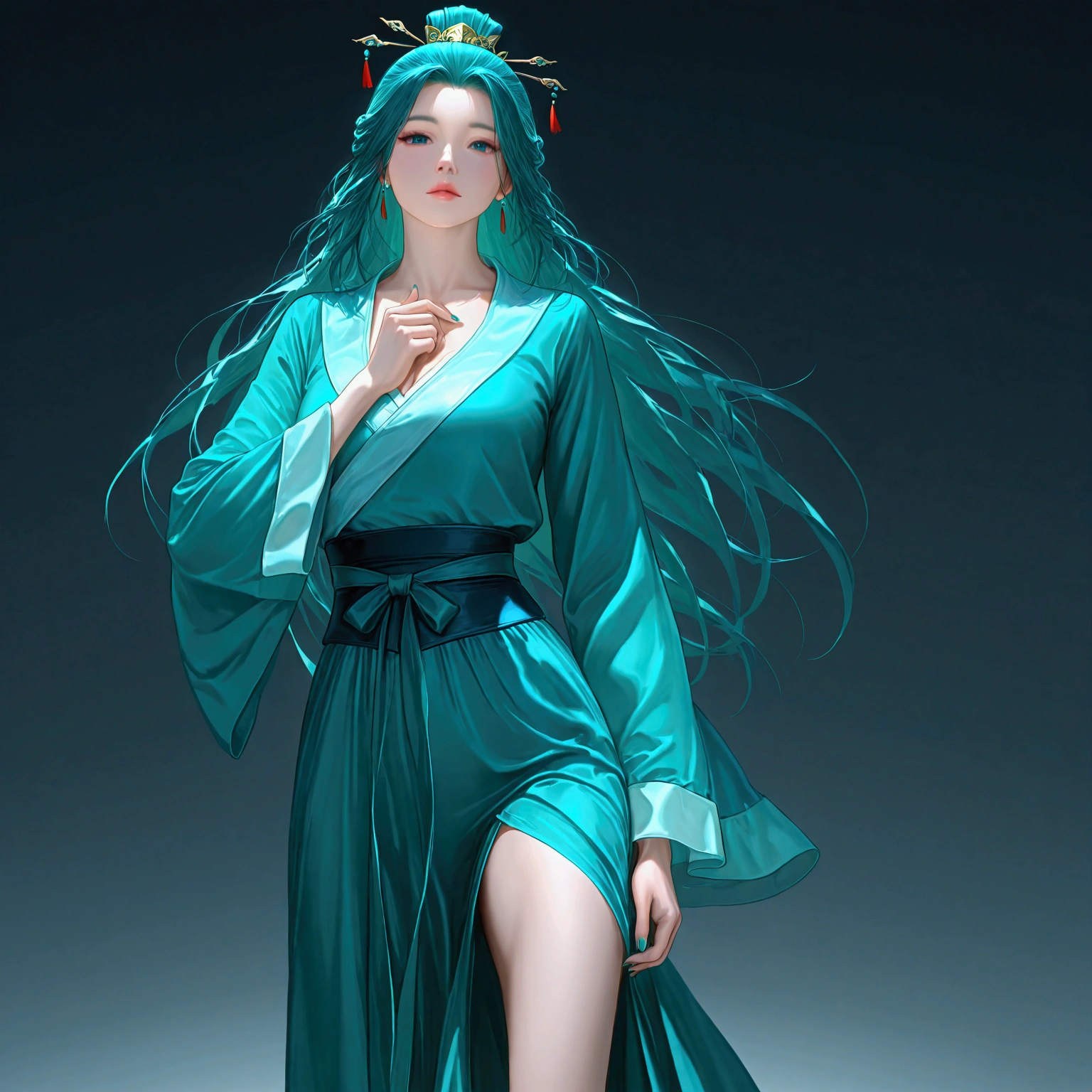 gufeng, guofeng, chinese clothes, aqua hanfu, 1girl, solo, nail polish, from viewer,  cowboy shot, 
masterpiece, best quality, realistic, 8k, official art, cinematic light, ultra high res, perfect female body, sharp focus, 
HDR, 8k, amazing quality, very aesthetic, absurdres, newest, (volumetric lighting), photorealistic, photo background, detailed skin, detailed eyes, detailed hair, fantasy,