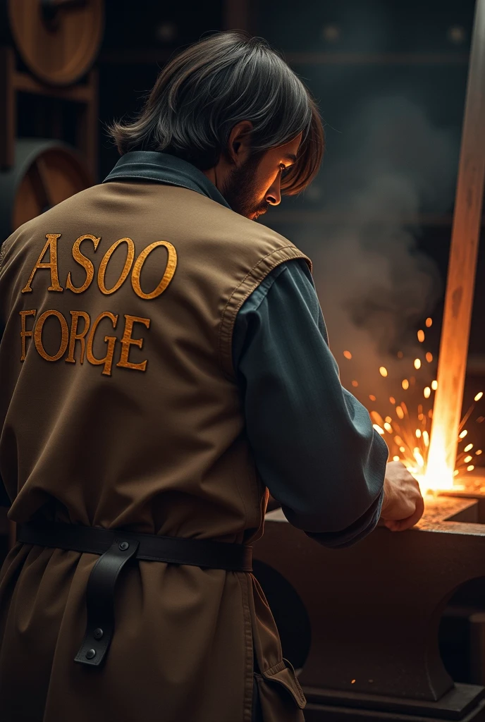 a man He has black hair, brown eyes and a black beard. He has medium-long hair. He is wearing a blacksmith's clothes. He is in his forge forging a sword on his anvil. On the back is written: ASOO FORGE