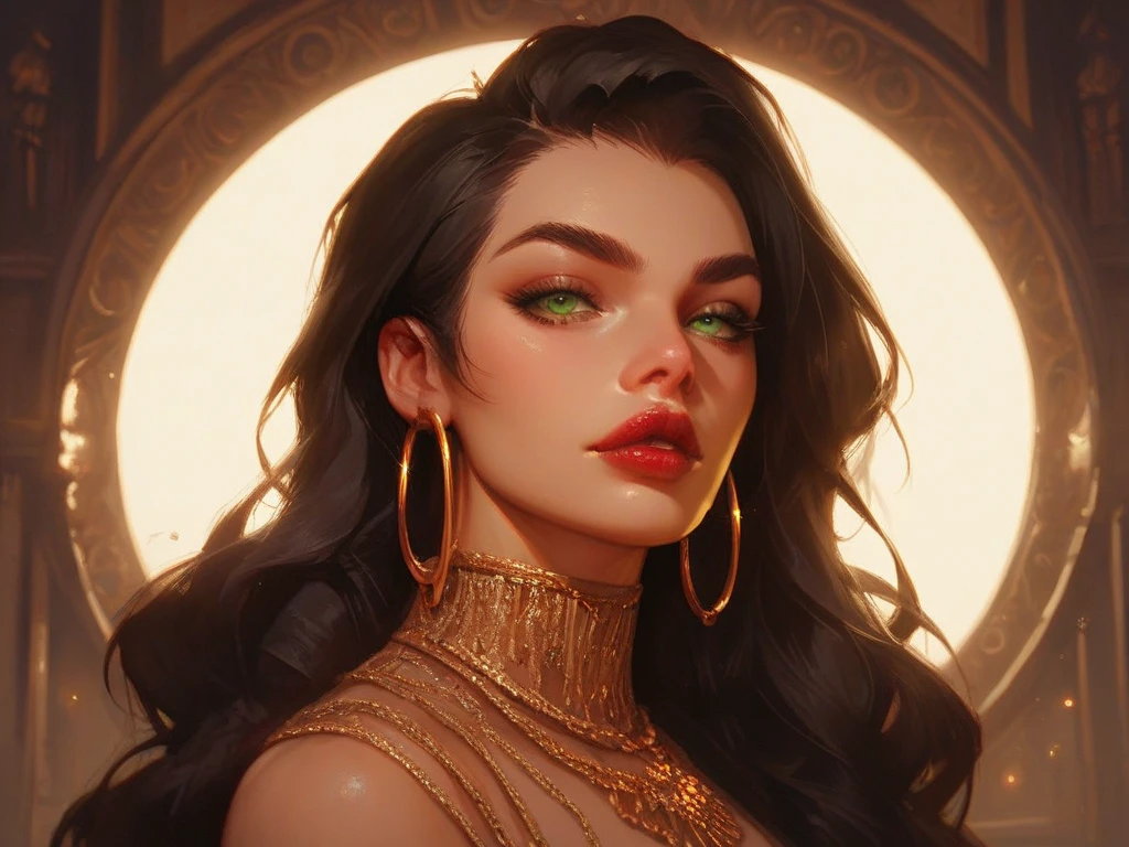 black hair, long hair, green eyes, arched eyebrows, red lips, country chic clothing, gold hoop earrings, best quality, 1girl, portrait, face, dramatic lighting, wicked, add village in background