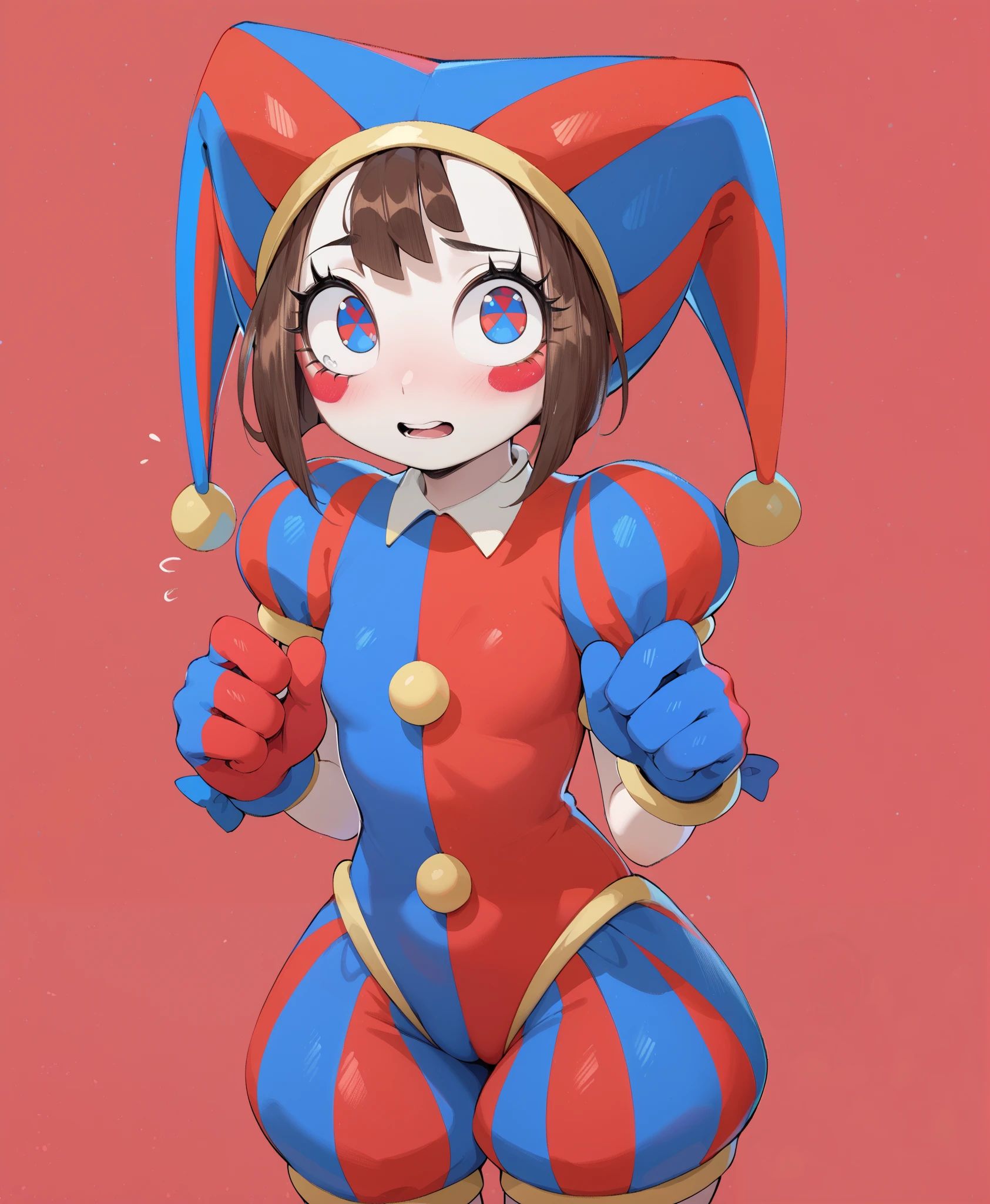 ((pomni)), ((the amazing digital circus)), ((masterpiece)), ((high resolution)), ((cartoon style)), ((solo portrait)), {(petite figure), (eccentuated curves), (white skin), (cute eyes), (short eyelashes), (short brown hair), (nervous look)}, {(jester costume)}, {(standing), (looking at viewer)}, ((cartoon background))