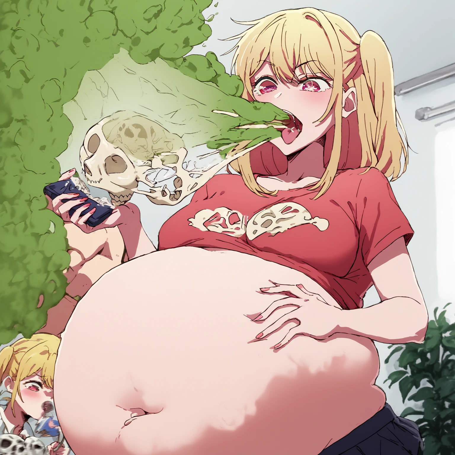 A person trapped inside Ruby Hoshino's belly. X ray vore. burping, mass vore, digesting, human bones. Ruby hoshino lets out a massive green burp to show she is satisfied, 10 prey in her stomach, 1 pred, 1 Girl, Ruby Hoshino's eyes have 6 pointed star pupils on the right eye, High Details, burping up bones, mixing her boney burps, bones, skull, gas, green steamy burp cloud coming out her mouth, hot breathe