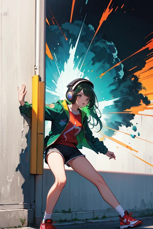 (((from behind))), ((8k of extremely detailed CG unit, Masterpiece, high resolution, highest quality, highest quality real texture skin)), (wearing Japanese pattern headphones), ((1 girl)), (((A cigarette glows in the darkness))), (Japanese pattern hoodie, Japanese-style shorts), (Black hair, messy hair, beige skin), (Surreal, digital painting), Midnight