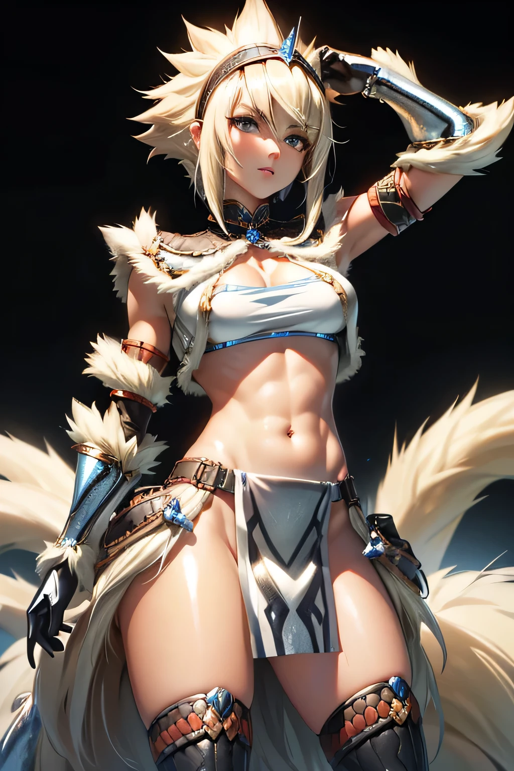  perfect anatomy　 top quality , highest resolution,(((woman　 metallic shiny tops　Metallic loincloth　shiny light blond hair )))　 Monster Hunter 　Kirin Gear　cool