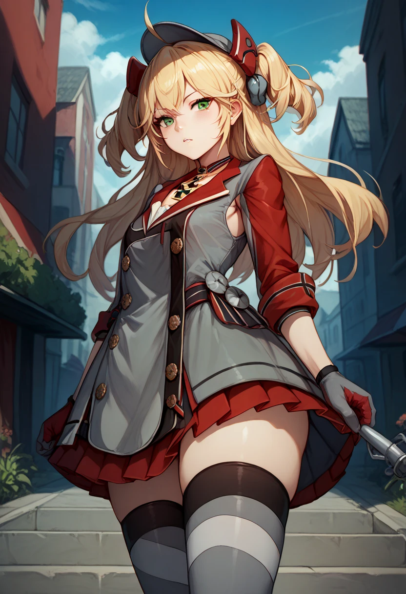 admiral_hipper, green eyes, blonde hair, long hair, mole, mole under eye, two side up, bangs, ahogehat, headgear, choker, grey dress, grey gloves, red gloves, two-tone gloves, frilled dress, black thighhighs, grey boots, red skirt, pleated skirt, iron cross, collarbone, long sleeves