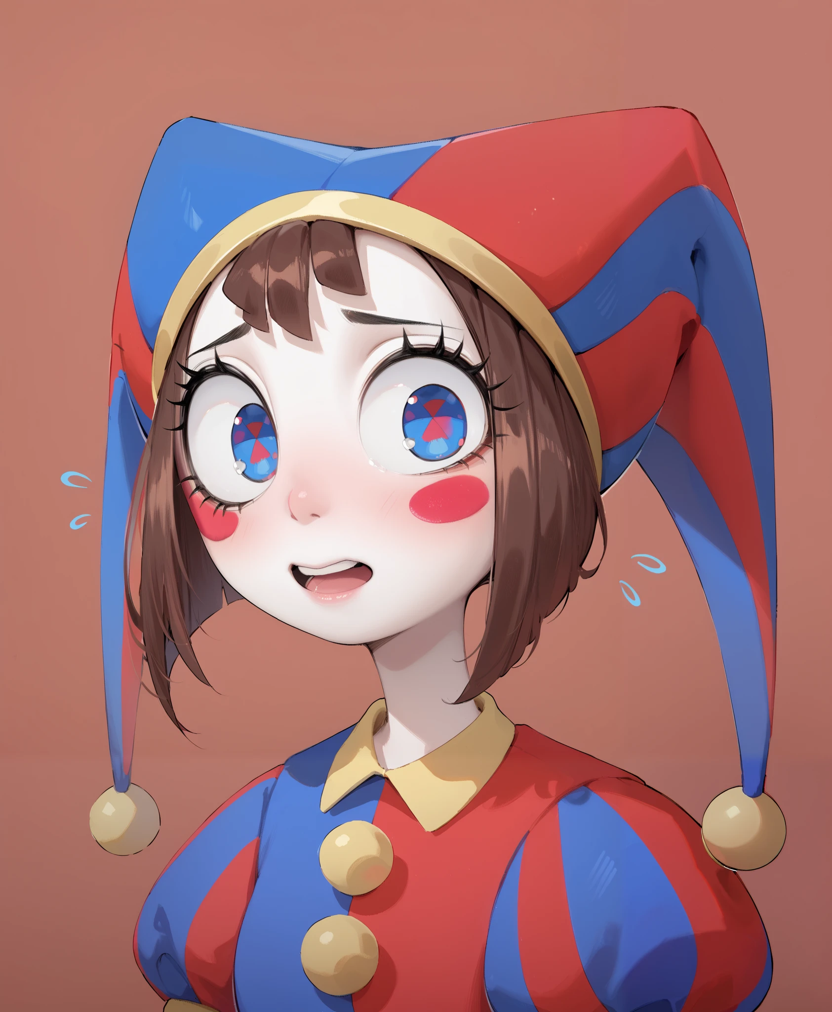 ((pomni)), ((the amazing digital circus)), ((masterpiece)), ((high resolution)), ((cartoon style)), ((solo portrait)), {(petite figure), (white skin), (cute eyes), (short eyelashes), (short brown hair), (nervous look)}, {(jester costume)}, {(standing), (looking at viewer)}, ((cartoon background))