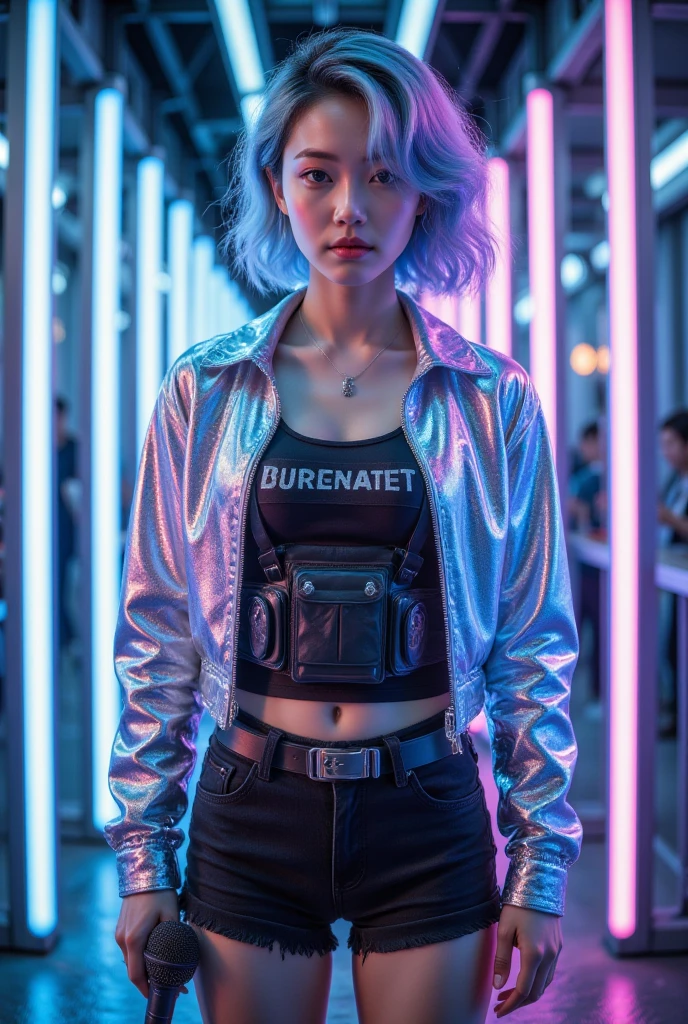 Asian female (age:1.1), (ethnicity:1.2), with vibrant light blue bob haircut, (detailed clothing:1.2), shiny silver metallic jacket, black tactical vest (accessories:1.1), and black shorts, (facial features:1.3), (expression:1.2), (body type:1.1), (pose:1.2), holding a microphone, (detailed skin texture:1.2),  standing in a futuristic setting with bright neon blue and purple lights, (detailed background:1.1); stylized, detailed digital art, (lighting:1.2); vibrant colors, dynamic composition,  medium close-up view, confident pose, looking directly at the viewer,  photorealistic style.