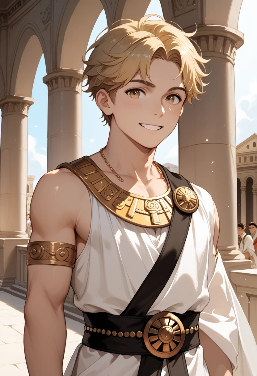 a  greek boy, short blonde hair, cute smiling face, ancient greek outfit, Classical Greek culture