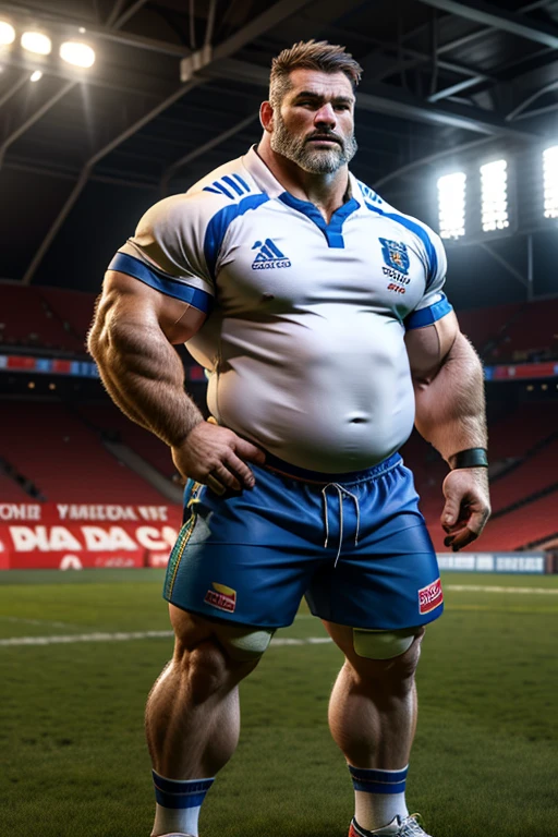 Fat strong middle-aged male rugby player。 huge muscles。neat lager shirt ...