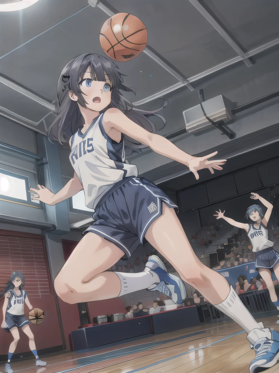 A young female basketball player performing a vivid jump shot. She holds the ball firmly in both hands, aiming for the goal with perfect form. Her slim basketball uniform accentuates her toned body, and black high socks add a stylish contrast. Her carefully braided black long hair sways gently as she jumps, with blue eyes expressing intense concentration. The polished wooden floor of the brightly lit gymnasium enhances the atmosphere, capturing the strength, elegance, and beauty of the sport.  masterpiece, top quality , High Definition , tall , long legs , mature female, long hair,smile, open mouth, blue eyes, blue hair, black hair, braided ,bangs.