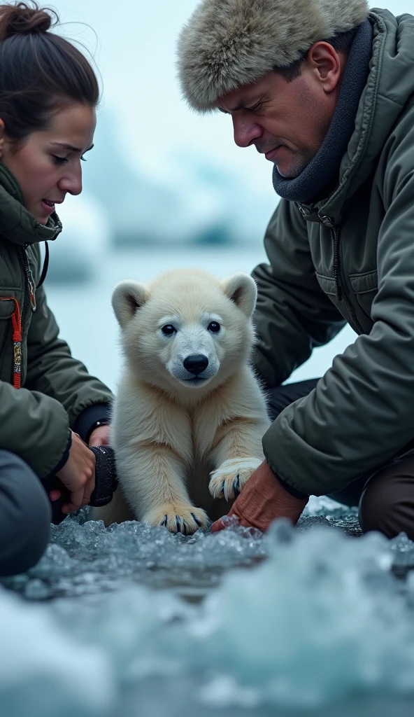 Show the rescue team working together to lift the polar bear cub from ...