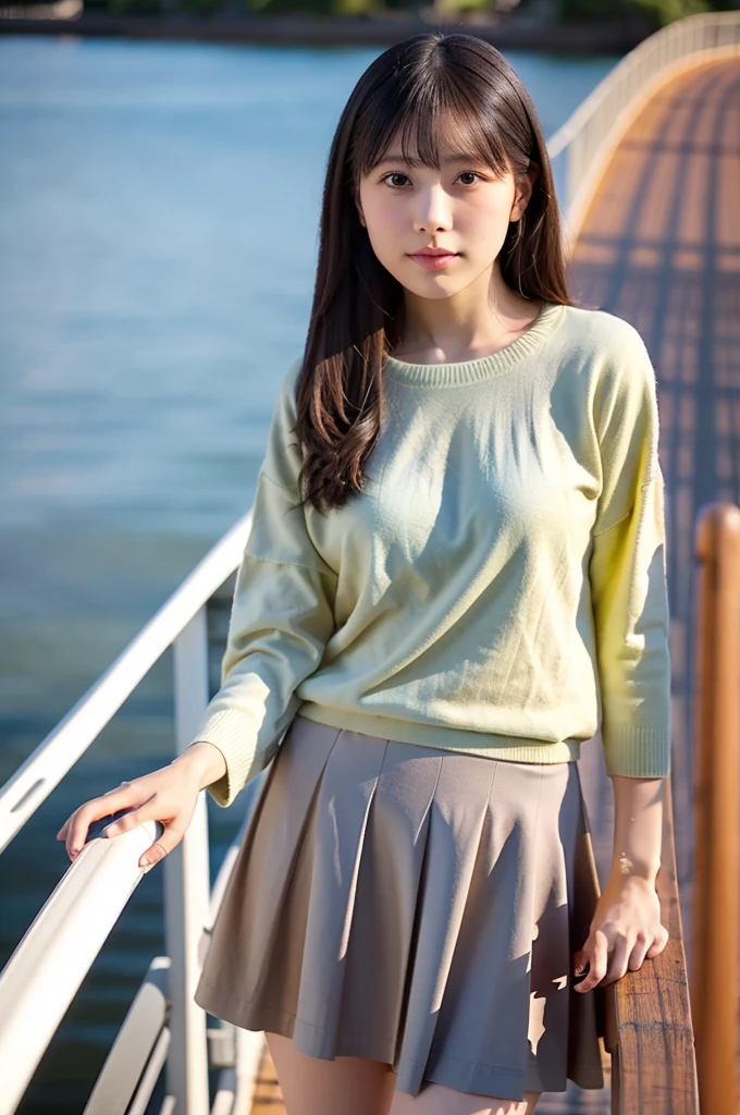 (masterpiece, best quality, perfect anatomy, highres, 8k, realistic, photorealistic, natural skin texture, no makeup:1.2), 1girl, solo, Japanese, age20, female stylish university student, very cute, leaning on a bridge railing, wearing a short pleated skirt and a fitted sweater, (very large breasts accentuated by her posture:1.2), golden hour light reflecting off the water below, jp idol, inugao