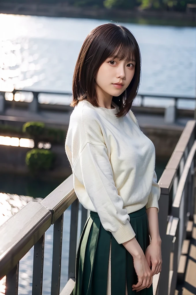 (masterpiece, best quality, perfect anatomy, highres, 8k, realistic, photorealistic, natural skin texture, no makeup:1.2), 1girl, solo, Japanese, age20, female stylish university student, very cute, leaning on a bridge railing, wearing a short pleated skirt and a fitted sweater, (very large breasts accentuated by her posture:1.2), golden hour light reflecting off the water below, jp idol, inugao