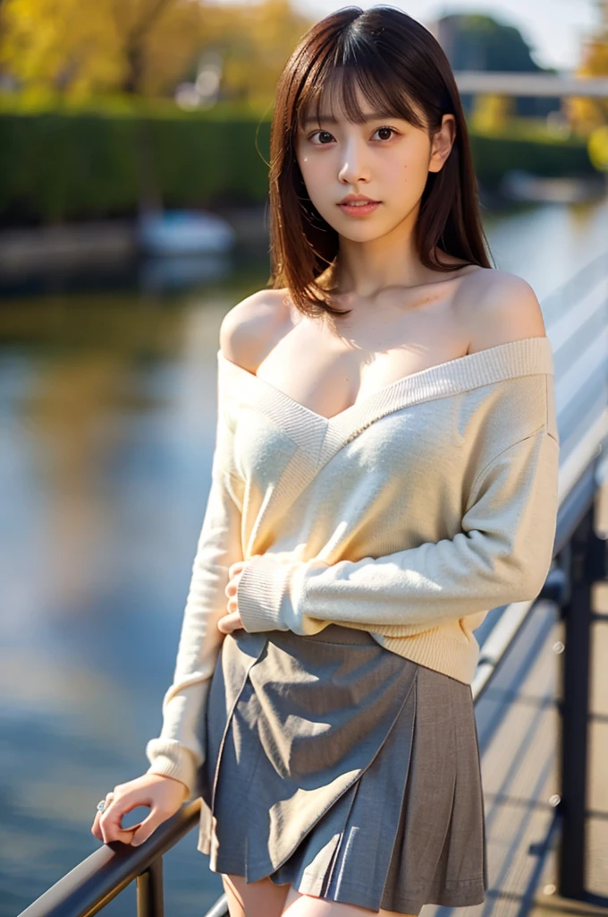 (masterpiece, best quality, perfect anatomy, highres, 8k, realistic, photorealistic, natural skin texture, no makeup:1.2), 1girl, solo, Japanese, age20, female stylish university student, very cute, leaning on a bridge railing, wearing a short pleated skirt and a fitted sweater, (very large breasts accentuated by her posture:1.2), golden hour light reflecting off the water below, jp idol, inugao