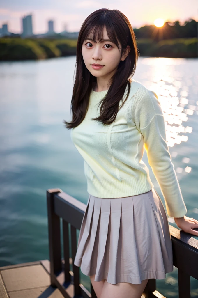 (masterpiece, best quality, perfect anatomy, highres, 8k, realistic, photorealistic, natural skin texture, no makeup:1.2), 1girl, solo, Japanese, age20, female stylish university student, very cute, leaning on a bridge railing, wearing a short pleated skirt and a fitted sweater, (very large breasts accentuated by her posture:1.2), golden hour light reflecting off the water below, jp idol, inugao