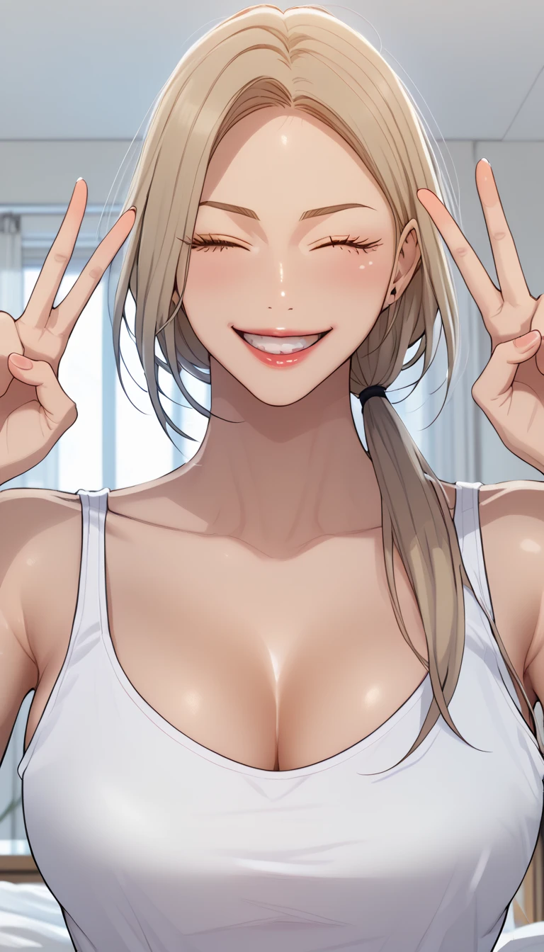 masterpiece, best quality, high quality, high resolution, high details, accurate, intricate details, 1girl, solo, scdef, Cha Mia, blonde hair, long hair, low ponytail, white tank top, cleavage, looking at viewer, wink, smile, close mouth, double V gesture, upper body, close-up, indoors