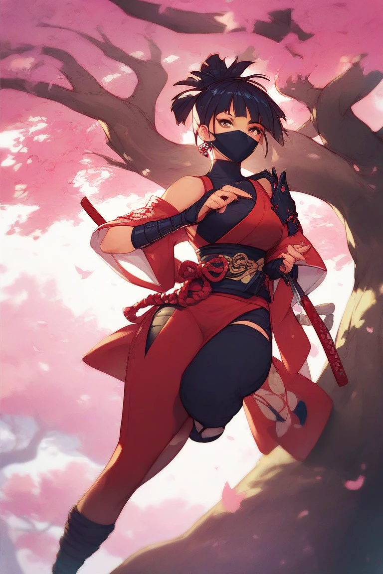 ninja, anime style, masked, sexy, under a sakura tree, score_9, score_8_up, score_7_up, score_6_up, score_5_up, score_4_up, hd, (ultra hd quality details), 8K