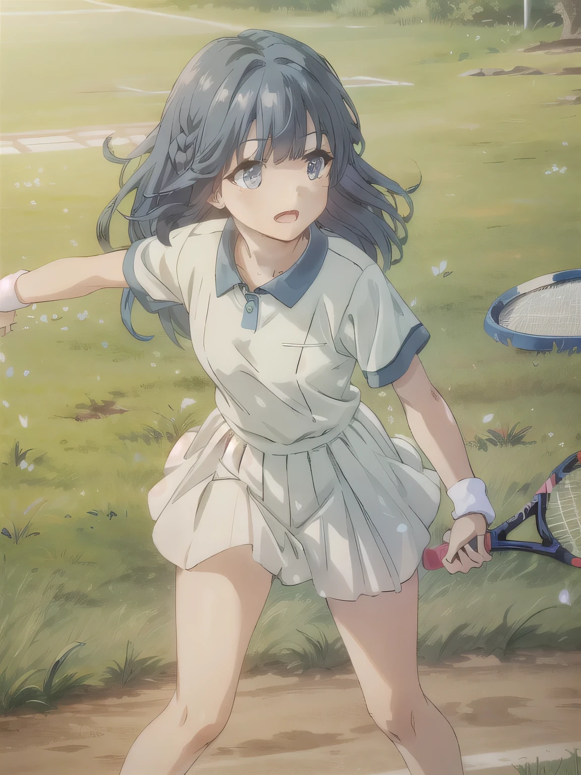 She is wearing a blue tennis outfit, with her white undergarments visible. She holds a single tennis racket with both hands in a poised and focused manner. The lush green grass tennis court stretches out in the background. This scene radiates elegance, power, and athletic skill.  masterpiece, top quality , High Definition , tall , long legs , mature female, long hair,smile, open mouth, blue eyes, blue hair, black hair, braided ,bangs.