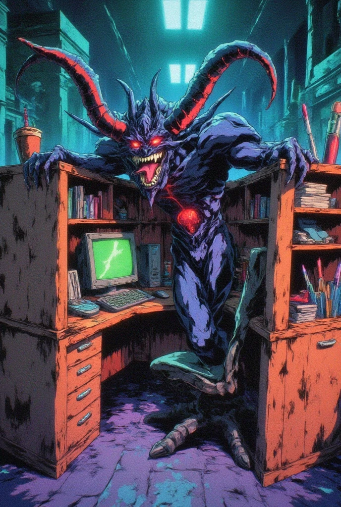 Krampus, depicted as a mischievous yet menacing cartoon character, peaking over a brightly colored office cubicle. The cubicle is filled with exaggerated office items like oversized pens and a quirky computer. The background shows other cubicles in vibrant colors with a humorous twist. Krampus has exaggerated features such as large horns, a long tongue, and a devilish grin, with glowing red eyes. Cartoon style, bold outlines, cel-shading, inspired by classic comic art and Saturday morning cartoons. Whimsical lighting, dynamic angles, clean and vivid color palette, 4K resolution.