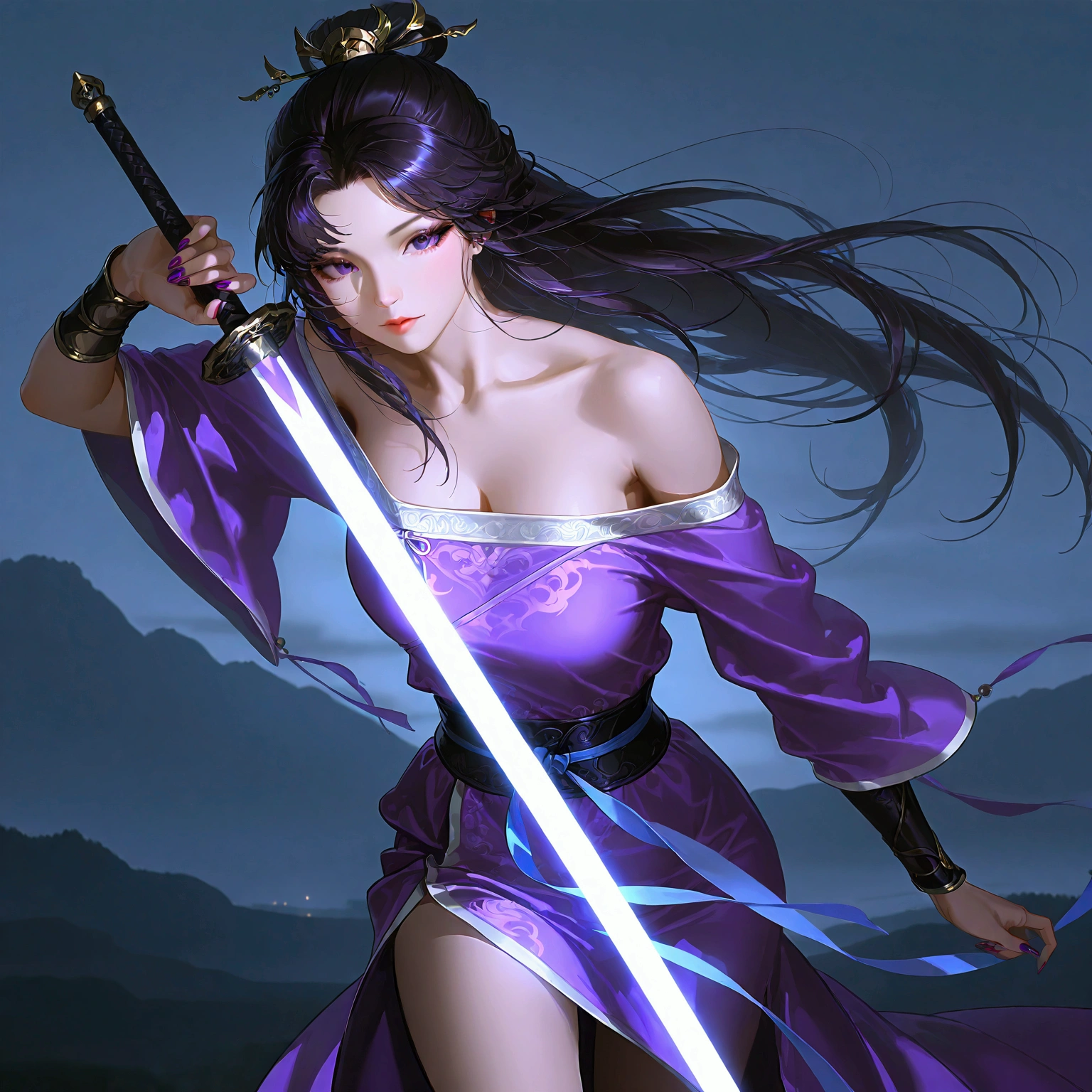 gufeng, guofeng, chinese clothes, purple hanfu, 1girl, solo, nail polish, from viewer,  cowboy shot, 
masterpiece, best quality, realistic, 8k, official art, cinematic light, ultra high res, perfect female body, sharp focus, 
HDR, 8k, amazing quality, very aesthetic, absurdres, newest, (volumetric lighting), photorealistic, photo background, detailed skin, detailed eyes, detailed hair, fantasy,