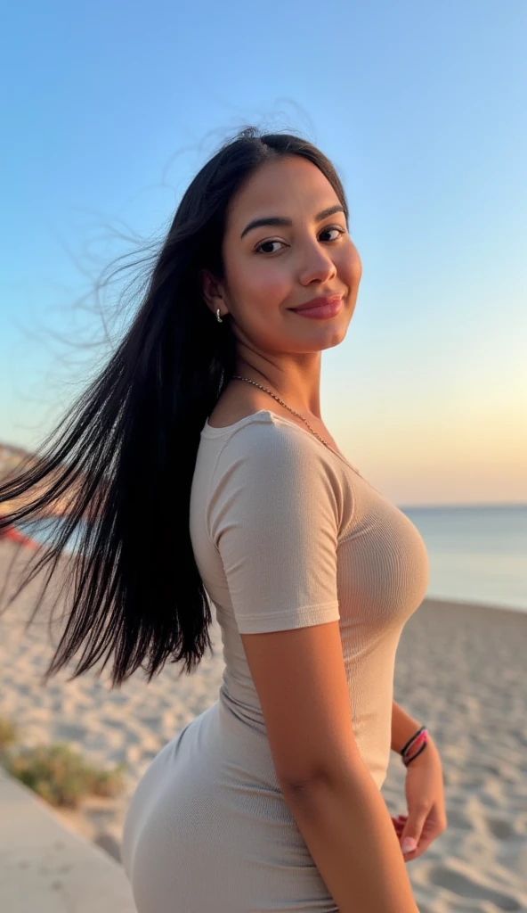 (8k, RAW Photo, Best Quality, Masterpiece:1.3),(Real,Photo:1.37),(Looking at Viewers:1.331),(Black Hair),Pose,Beachfront,Morning View,Sunrise,Clear Sky,1Girl,Very Beautiful Face,Small,Put Your Hands Down,Pony Hairstyle,Weight Hair,Fluffy Hair,Shoulder Length,Straight Hair,Random Expression,Smile at the Corner of Mouth,Big Eyes,(T-shirt,Round Collar,Short Sleeves,Opaque Color,Shirt Color),(Wearing Pants),mix4,No Hair Accessories,Best Quality Hair