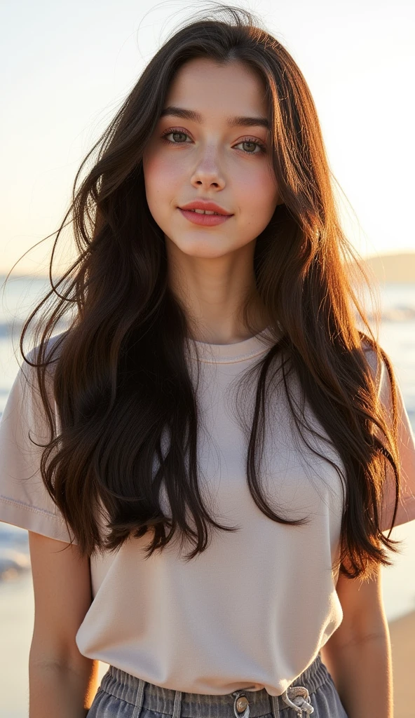 (8k, RAW Photo, Best Quality, Masterpiece:1.3),(Real,Photo:1.37),(Looking at Viewers:1.331),(Black Hair),Pose,Beachfront,Morning View,Sunrise,Clear Sky,1Girl,Very Beautiful Face,Small,Put Your Hands Down,Pony Hairstyle,Weight Hair,Fluffy Hair,Shoulder Length,Straight Hair,Random Expression,Smile at the Corner of Mouth,Big Eyes,(T-shirt,Round Collar,Short Sleeves,Opaque Color,Shirt Color),(Wearing Pants),mix4,No Hair Accessories,Best Quality Hair