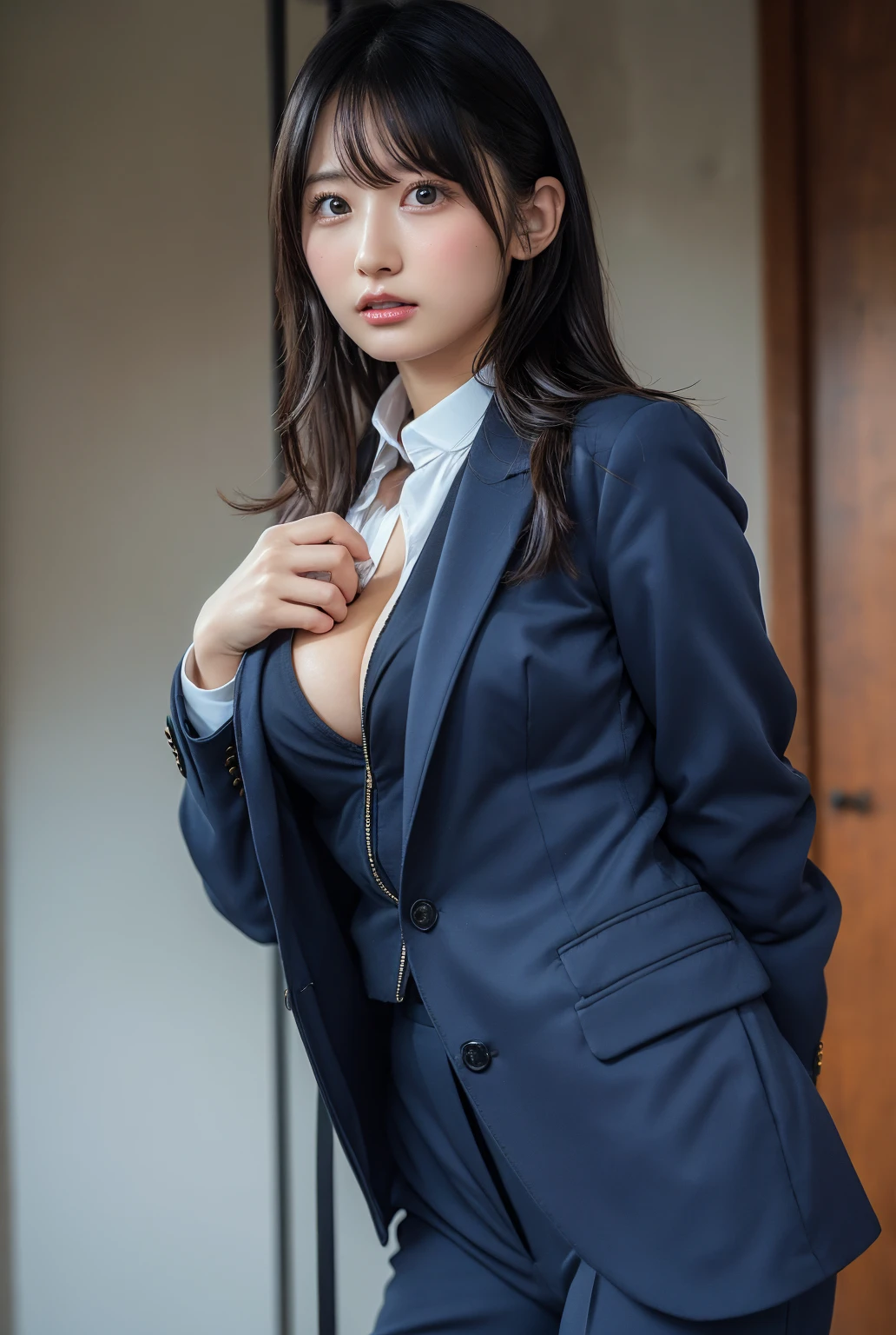 歩道に立つWoman in a suit,((40-year-old woman))、Big Breasts、Dark brown hair color、Hairstyles with bangr.々Hair style、Hair styles of different lengths、(8k, RAW Photos, highest quality, Tabletop: 1.2),、(Realistic, Realistic: 1.3), Cityscape, Day, Sunny Morning, Professional Lighting, Photon Mapping, shirt, (Woman in a suit,) Silk Suit、Pencil Skirt、Tight Skirt、((Delicate photo)),(の詳細なRAW Photos), (Tabletop:1.25), (highest quality:1.6), (超A high resolution:1.5), (Realistic:1.75), 8K resolution, Canon EOS R5, 50mm, Absurd, Super detailed,Cinema Lighting,(Skirt flip:1.2)、Browsing Caution:1.1、the wind is strong、smile、I flipped up my skirt、Simple panties
