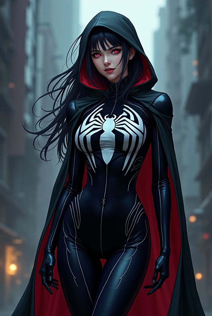 (((Masterpiece))), best quality, ultra-detailed CG unity 8k wallpaper, (1person:1.3), woman, black emo scene hair, blue eyes, hoodie, black and red full body masked spider man suit, city, skyscraper