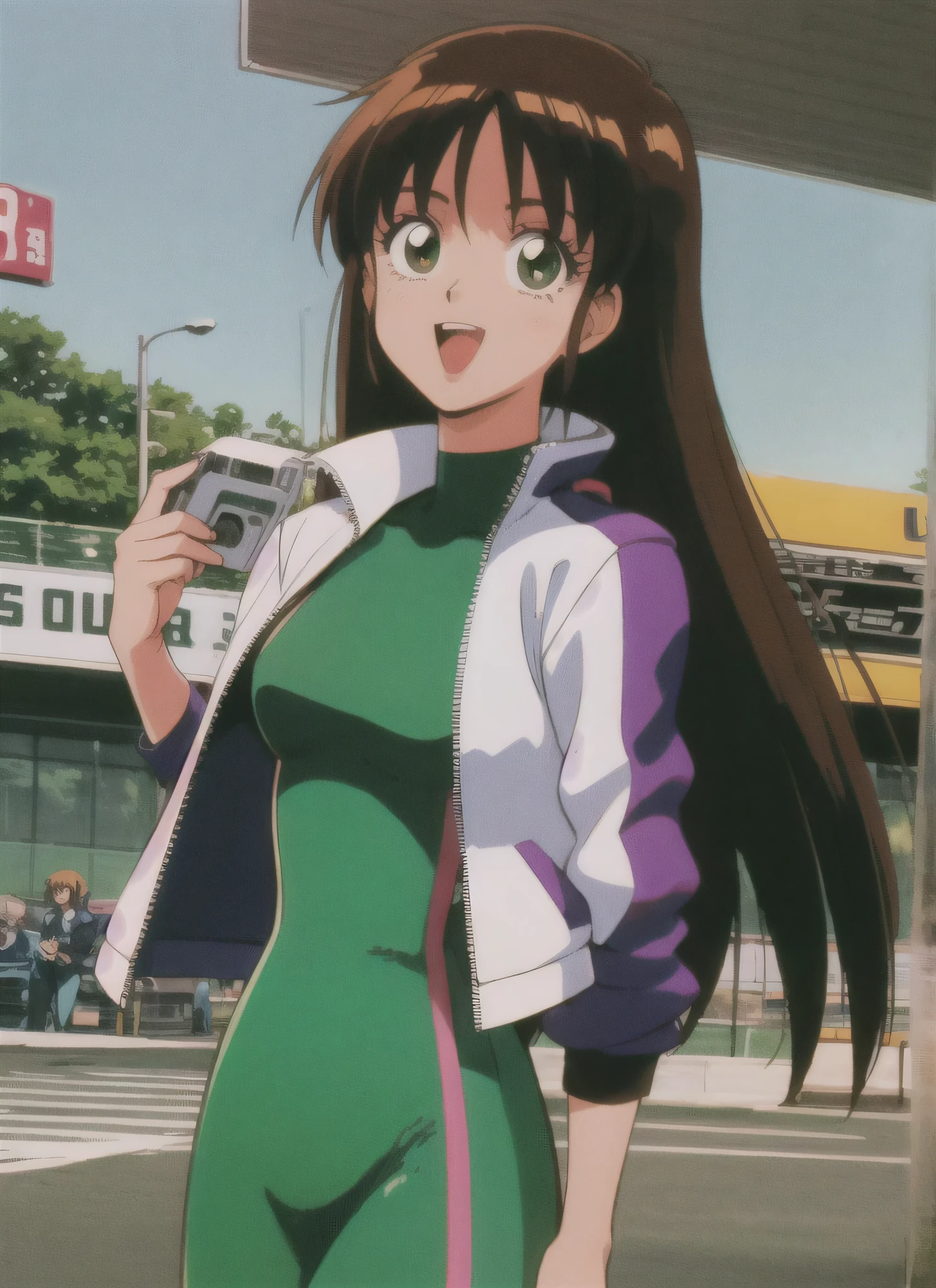 Asusdol,1 girl, Alone, heart, hair ornament, green eyes、 jacket, Green Dress, retro art style for stilets, open mouth, 1990s ( style for stilets), looking at viewer, smile, outdoors on the street at night, null, cowboy shot, clevis cut out, race queen