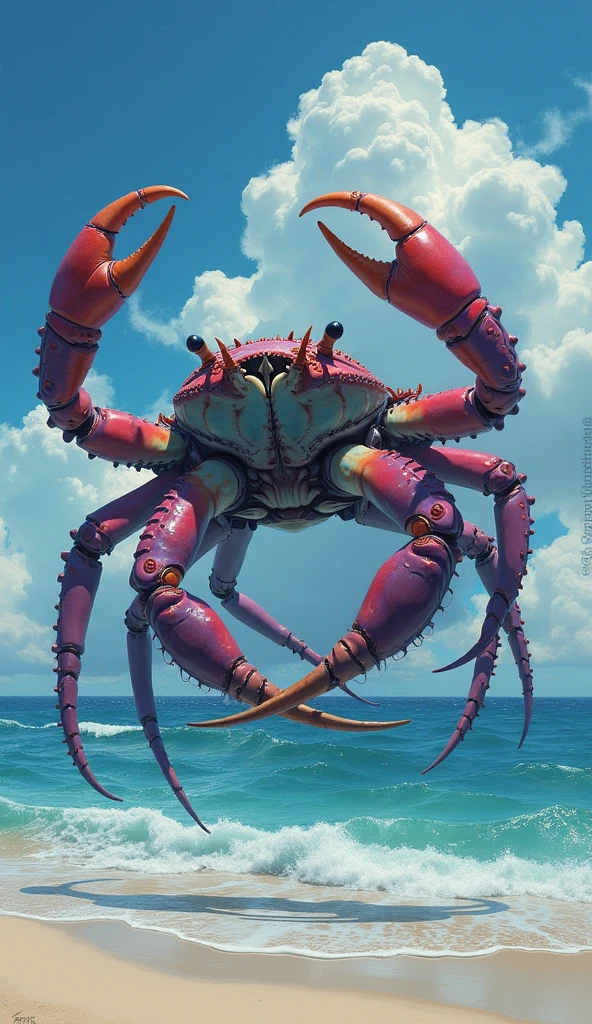 (best quality,4k,8k,highres,masterpiece:1.2), ultra-detailed, (realistic,photorealistic,photo-realistic:1.37), HDR, UHD, studio lighting, extreme detail description, professional, vivid colors, bokeh, portraits, horror, 

A huge scary monster with the head of a fish, many sharp teeth,and a crablike  body sneaks up on a  clad woman.