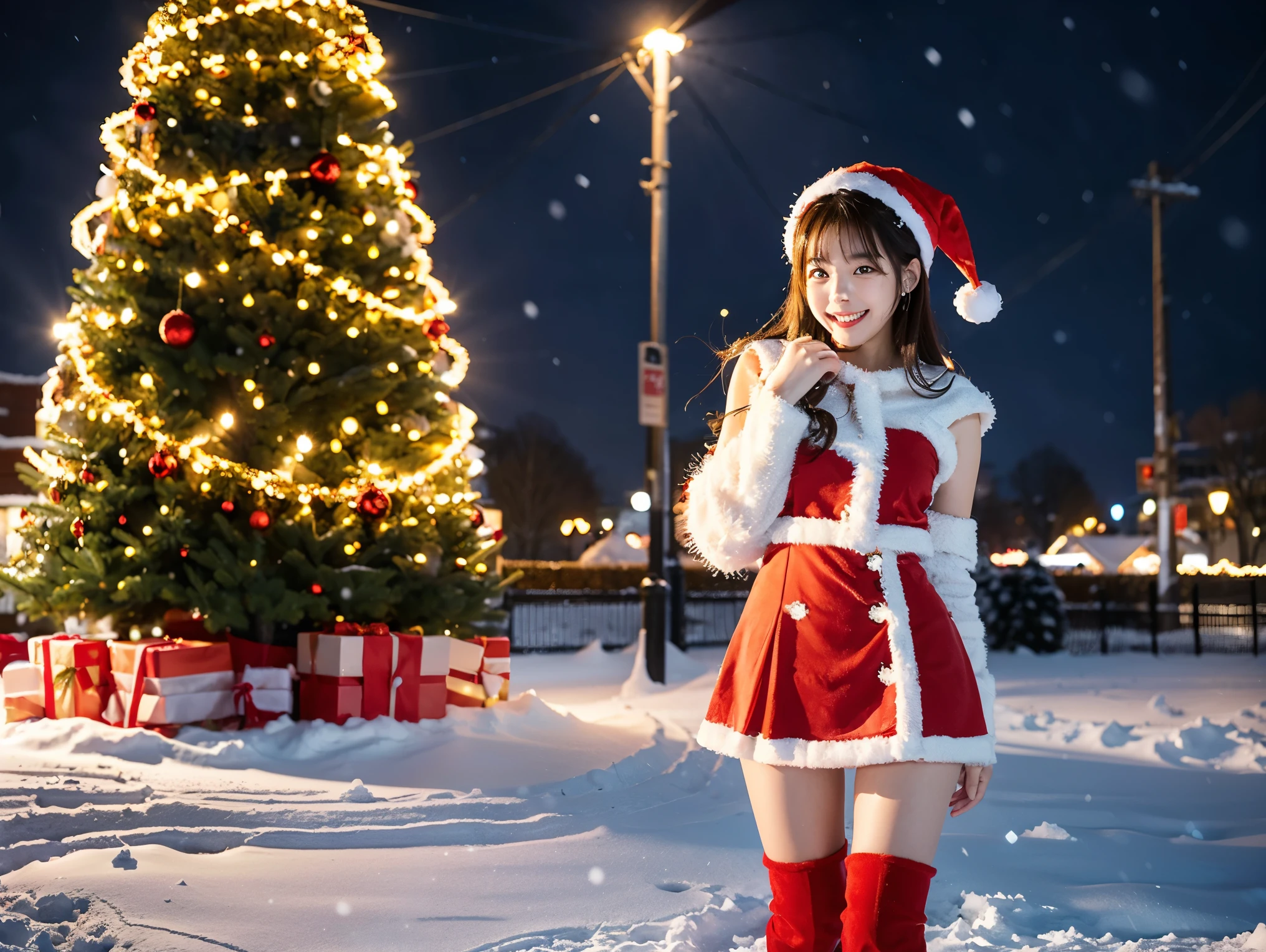sntgrls, 1girl, red outfit, bare arms, mature woman, smiling, snow flakes, night, chimney, sitting <lora:santa-04:0.6>