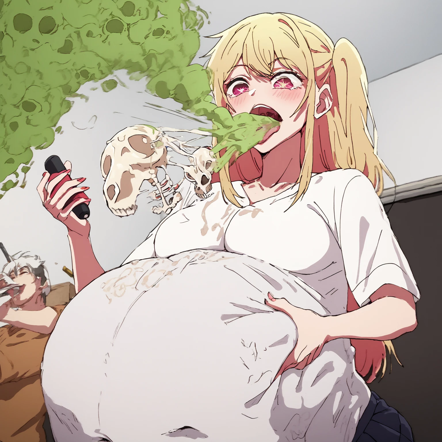 A person trapped inside Ruby Hoshino's belly. X ray vore. burping, mass vore, digesting, human bones. Ruby hoshino lets out a massive green burp to show she is satisfied, 10 prey in her stomach, 1 pred, 1 Girl, Ruby Hoshino's eyes have 6 pointed star pupils on the right eye, High Details, burping up bones, mixing her boney burps, bones, skull, gas, green steamy burp cloud coming out her mouth, hot breathe