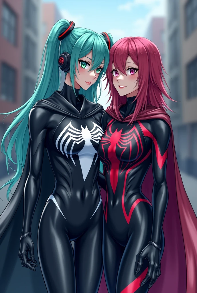 masutepiece, Best Quality, hight resolution, Midnight,pink fog、pink poison、 Black hair, hair between eye, Long hair, domino mask, Blue eyes, Bangs, Leotard, body suit, Skin Tight, Jewelry, Cuffed, Belt bag, purple thighhighs, garter strap, long boots, Superhero, Cowboy Shot, Looking at Viewer, Evil smile, Open mouth, Outdoors, day, Sunlight, Blue sky, Large breasts, put hands on the hip